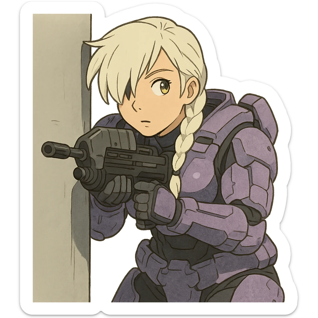 female, wearing reach spartan armor shoulder-unequip, long white braid hair with massive messy front side single bangs, gold yellow eyes, attention pose, HALO:series, no helmet, the armor is lavender color scheme, shoulder pad off. DDD bust size fitting. , peeking around a corner while aiming a classic HALO1 AR, tactical, lean sticker