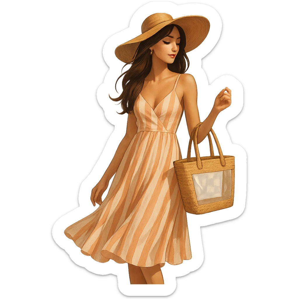 fashionable girl on the French Riviera, flowy dress, wide-brimmed hat, holding a beach bag sticker