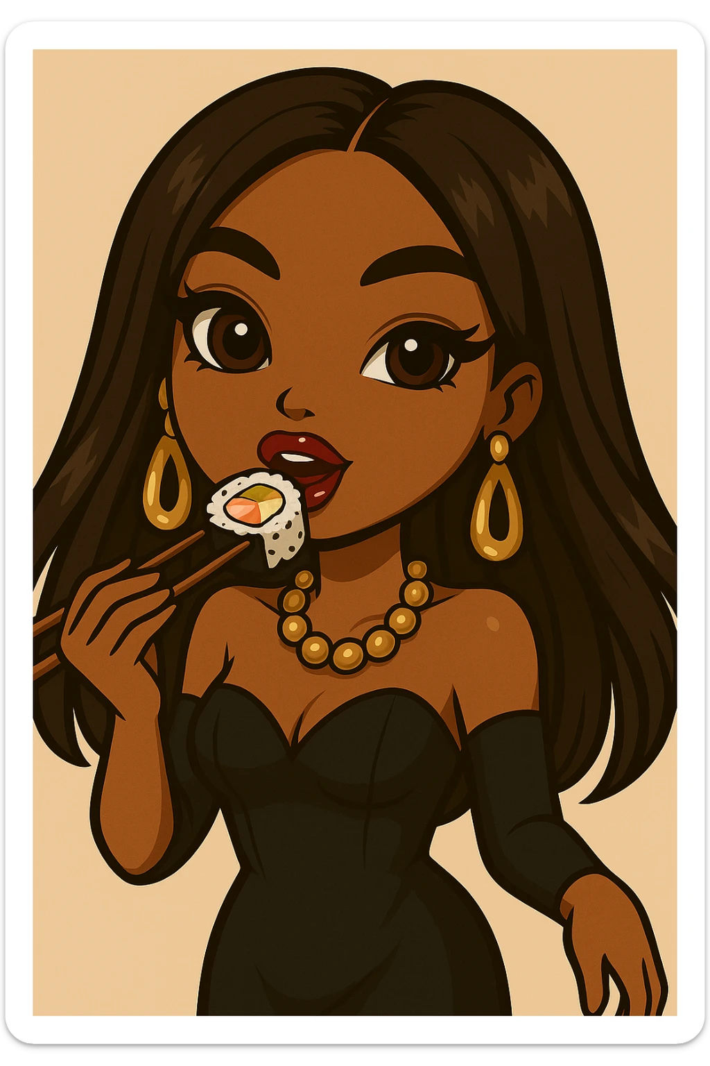 Change the pose to a 20-year-old anime Bratz style woman with dark skin, straight hair, trendy outfit, big expressive eyes, glossy lips, no hat, no tears, happy expression, both eyes open, looking straight ahead, eating a California roll with chopsticks, headshot only. sticker