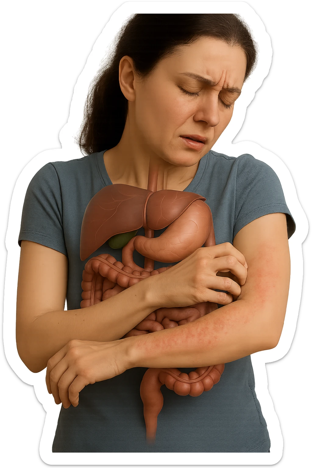 donna con intestino umano anatomico realistico che si gratta il braccio su cui ha un'eritema, iperrealistica 4k sticker
