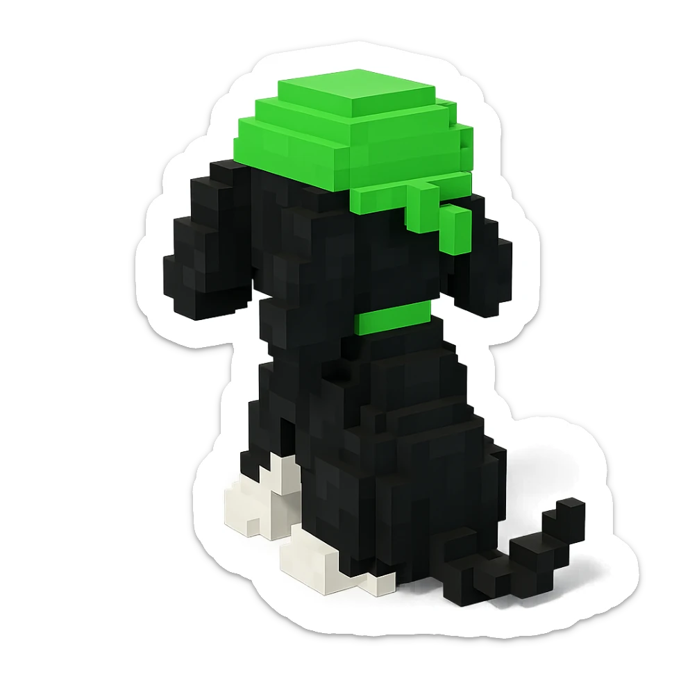 A black and white Russian Cocker Spaniel puppy wearing a green durag, facing backward sticker