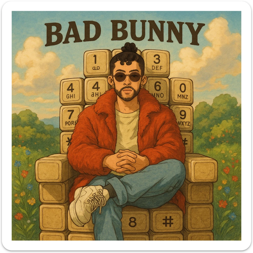 ghibli style Bad Bunny sitting on a throne-like chair made of phone keypads, detailed and artistic album cover sticker