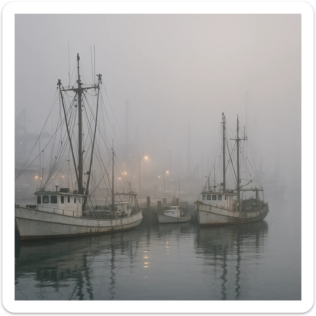 photorealistic port with fishing boats, misty morning atmosphere sticker
