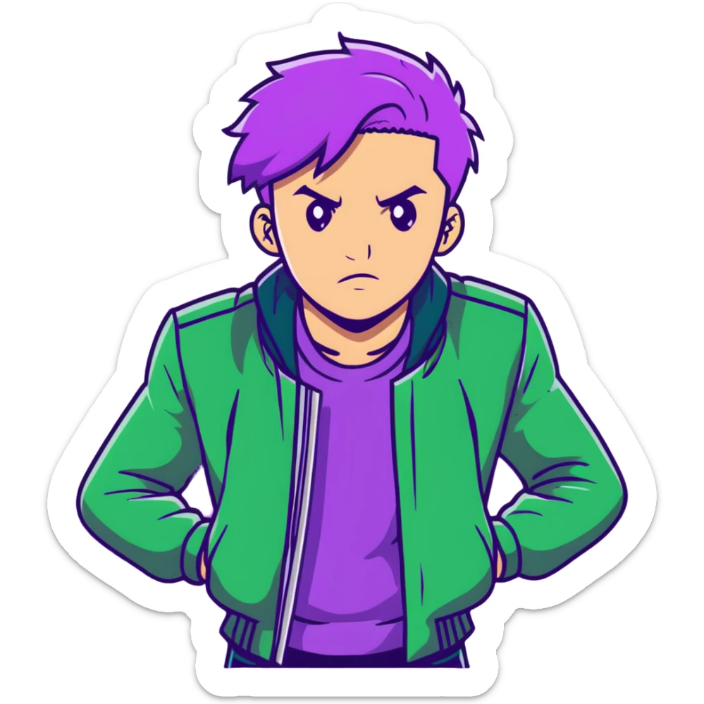 Fashionable man with purple hair and green jacket, bold expression, powerful pose inspired by Thanos sticker