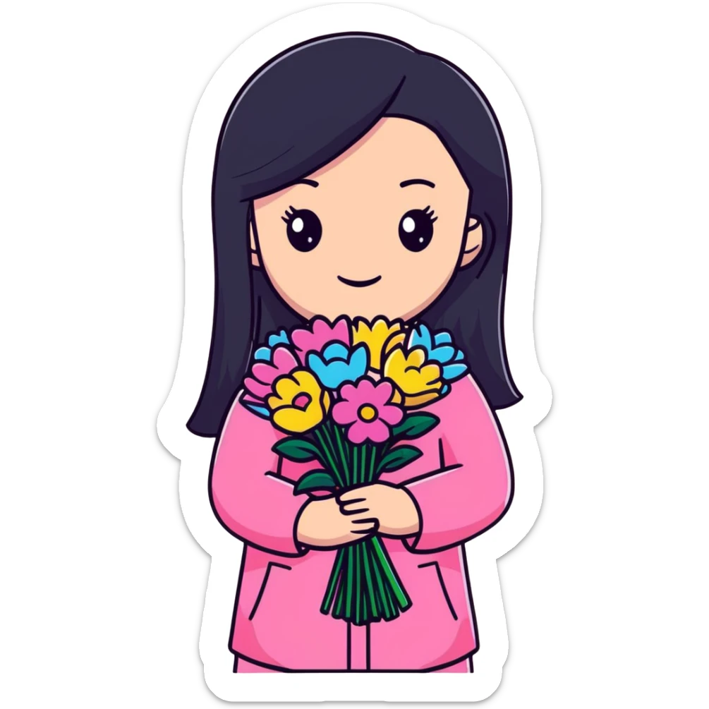 Beautiful girl with long straight black hair, fair skin, wearing pink clothes, holding a bouquet of colorful flowers sticker