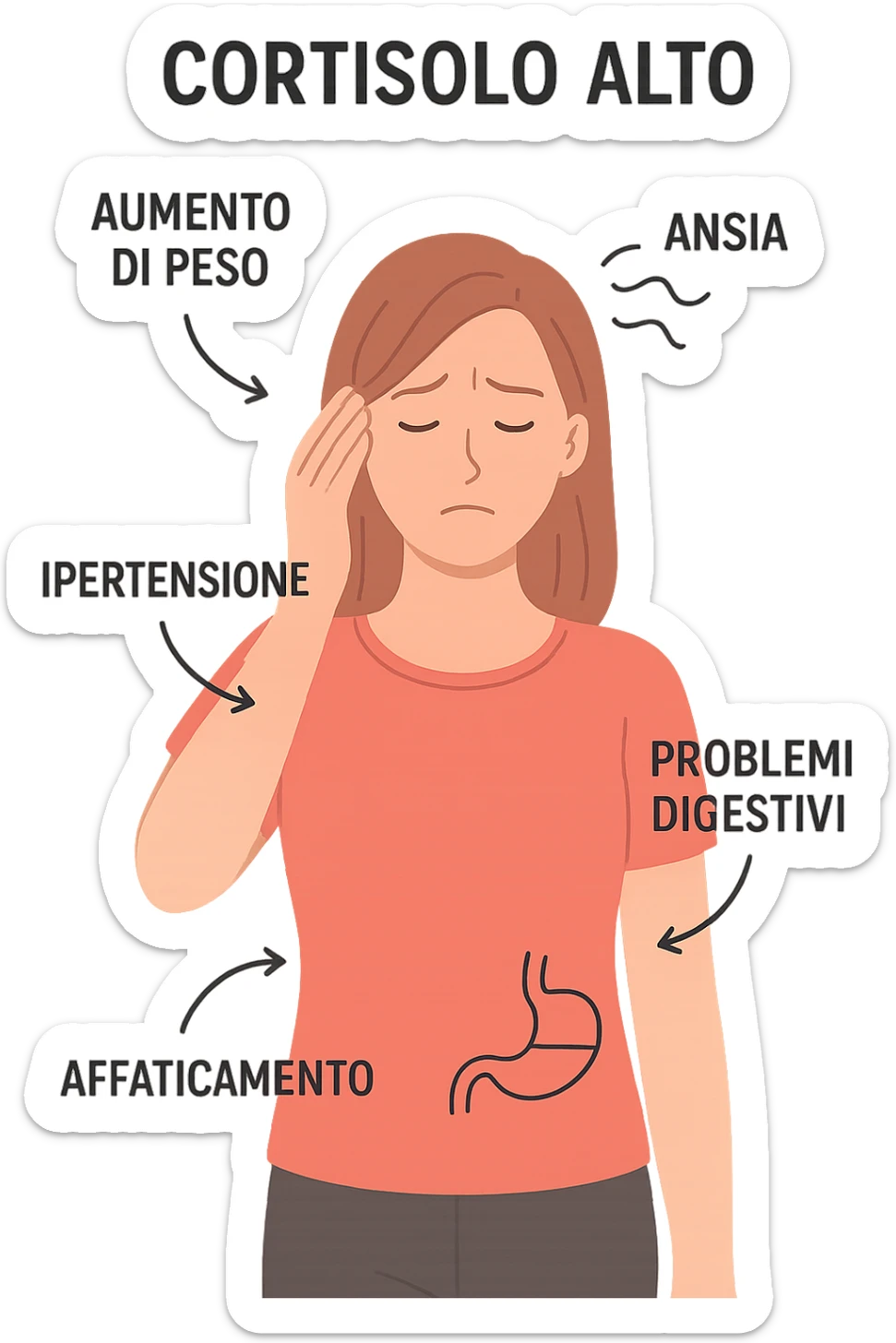 donna con Cortisolo alto con freccie che indicano. In italiano sticker
