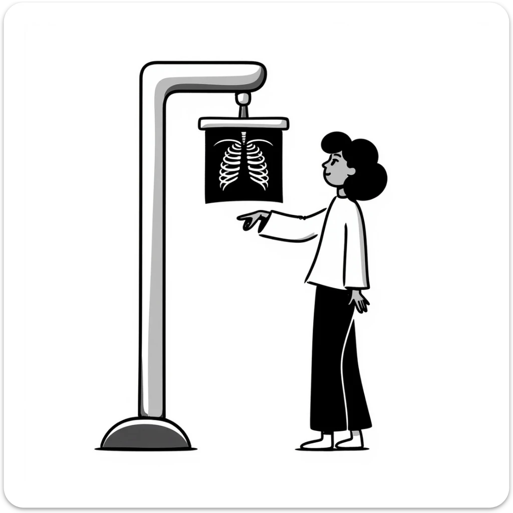 A woman having an x-ray of her lungs with the image of the x-ray displayed sticker