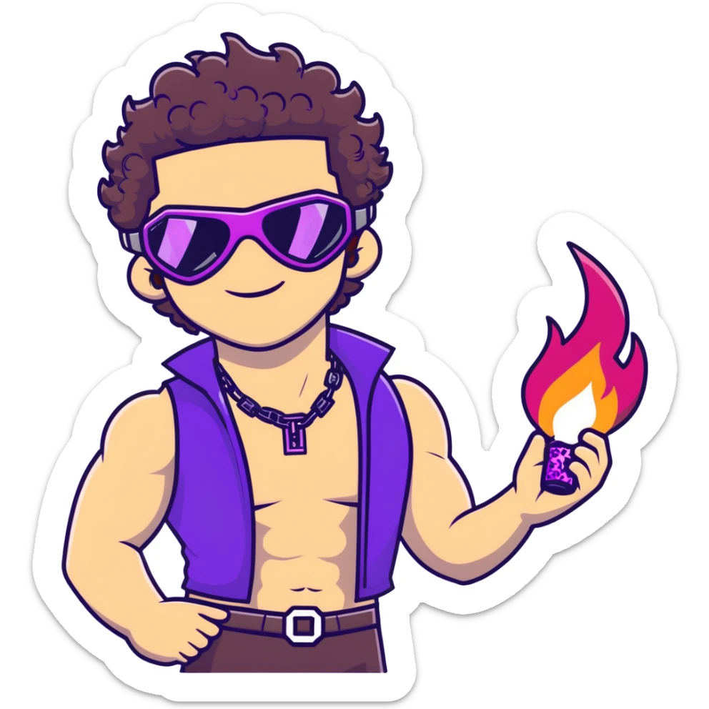 close-up of cool guy male athlete with white skin and moderately curly dark brown hair on top with shaved sides, with one purple ski goggle lens pushed up above his eyes on his forehead, with an arrogant smug smirk on his face, wearing only a plain black chain necklace around his neck, and a completely unzipped sleeveless vest with purple and black sequin fire pattern design with no logo, clearly showing he is shirtless underneath with exposed chest and abs sticker