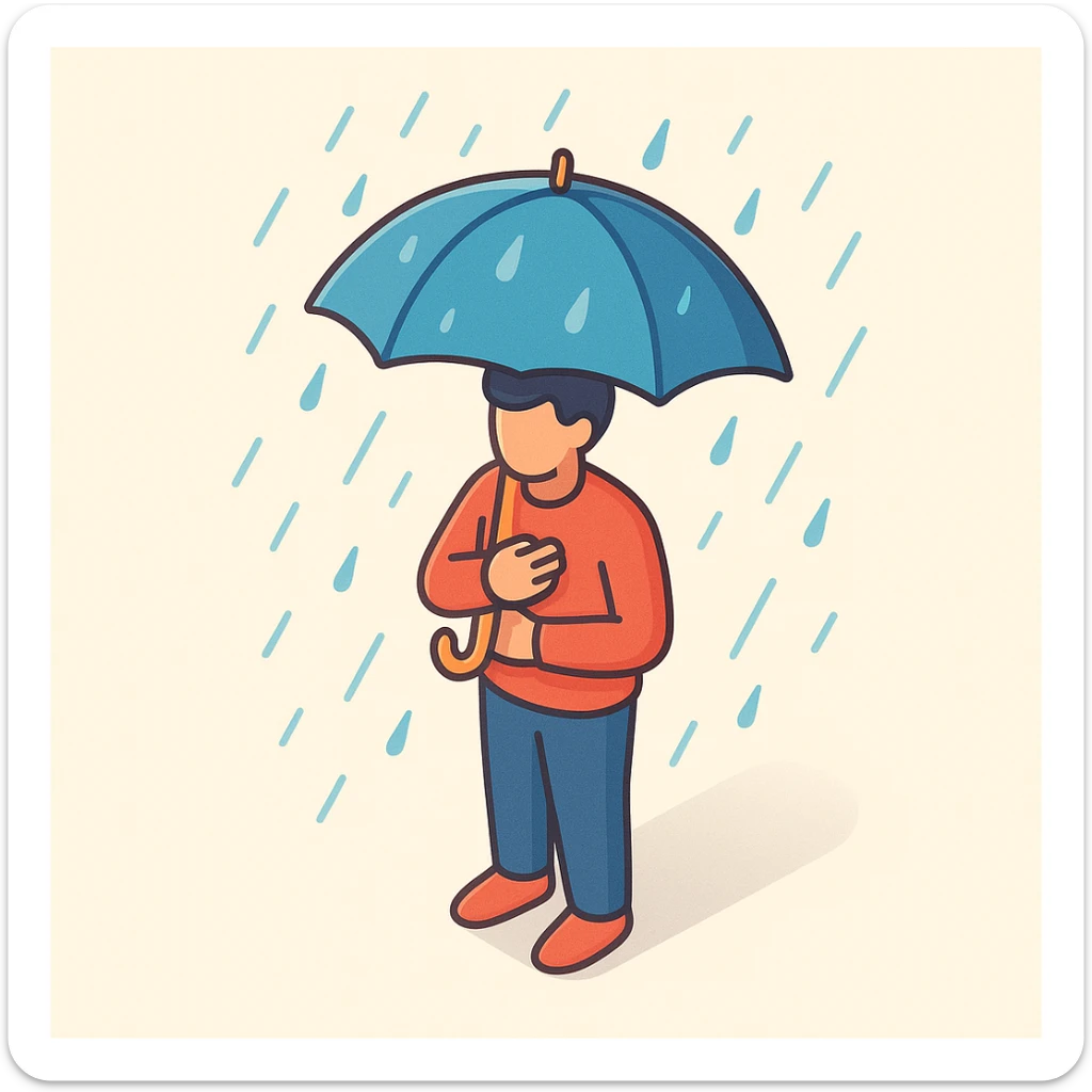 person with an umbrella protecting from rain, symbol of psychological protection and self-care, 2D isometric style, simple shape, clear shadows and highlights sticker