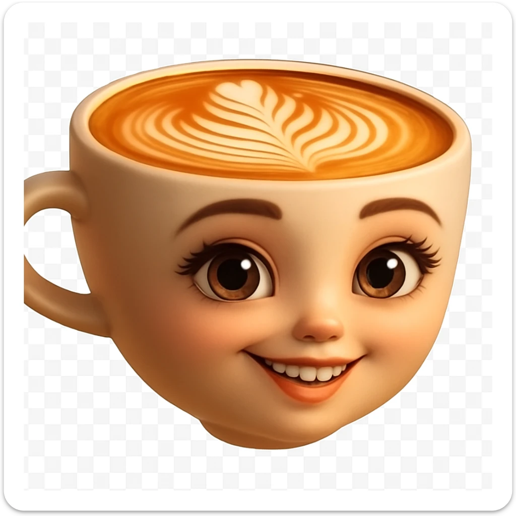 Edita la imagen para que el personaje de la taza de café  MANTENGA exactamente su estilo original,  y colores según la imagen de referencia. ELIMINA FONDO PARA QUE QUEDE TIPO EMOJI NO DBE TENER CUELLO. sticker