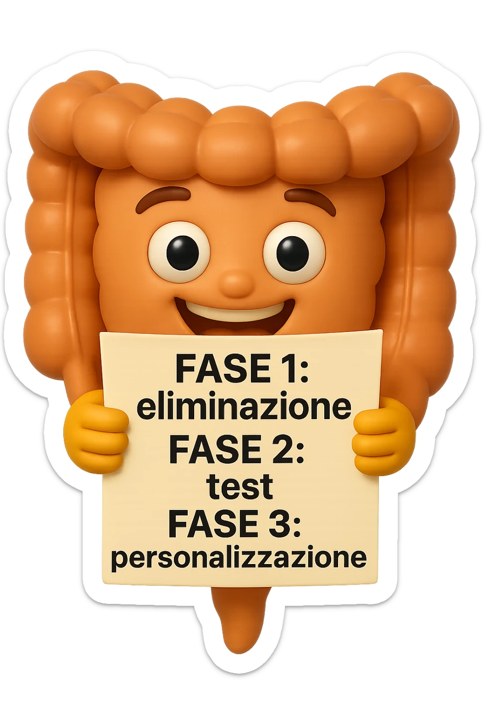 emoji stile iphone 3d di un intestino che tiene in mano un foglio con la scritta "FASE 1: eliminazione, FASE 2: test, FASE 3: personalizzazione, IPERREALISTICO 4K sticker