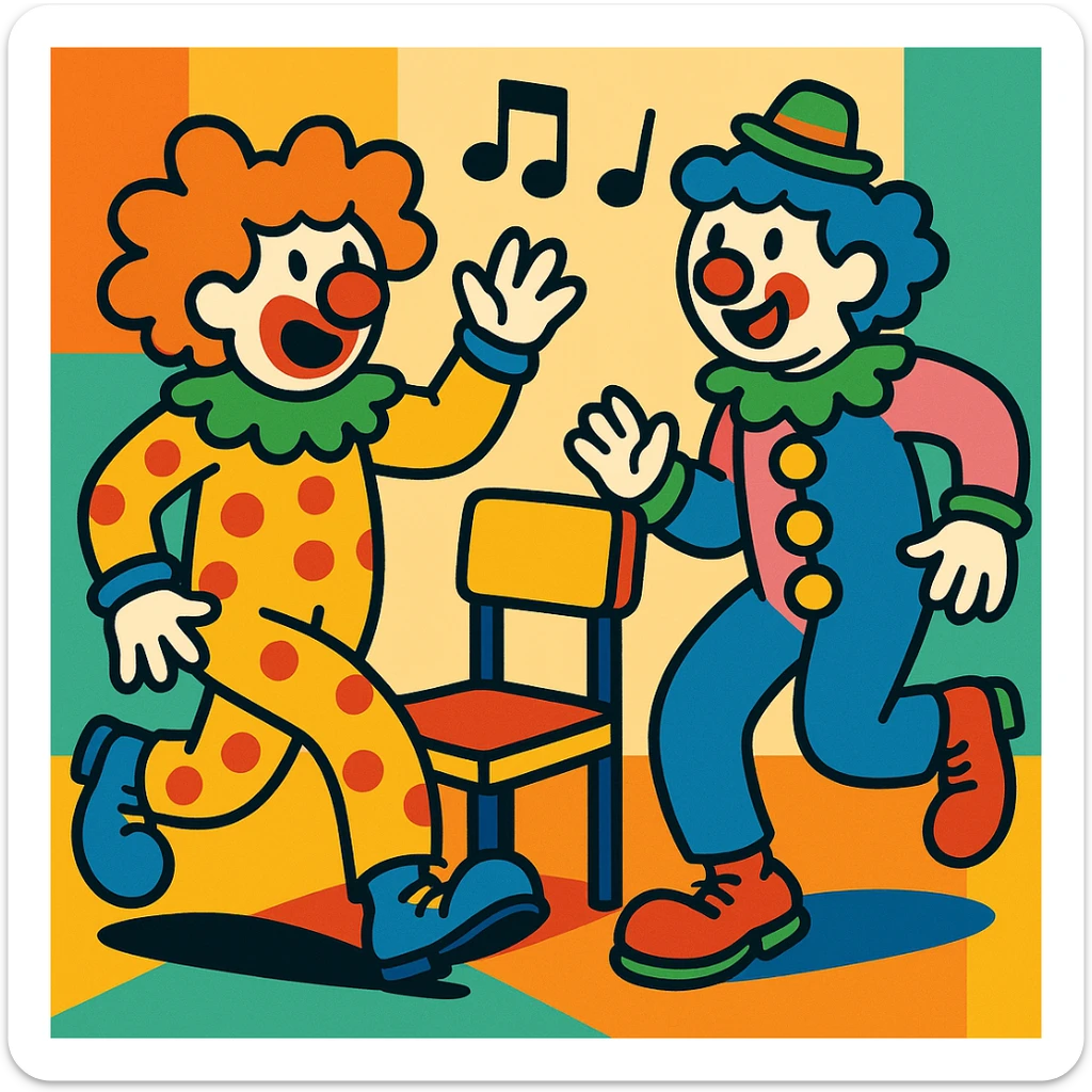 two clowns playing musical chairs, playful and colorful vibrant toon style sticker