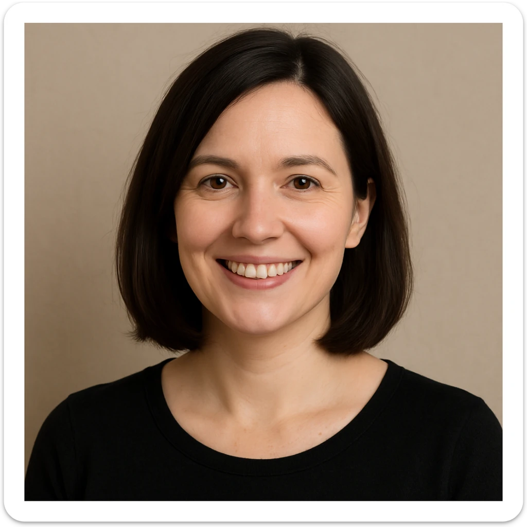 portrait of a white lady with dark brown shoulder length hair, smiling, simple background sticker