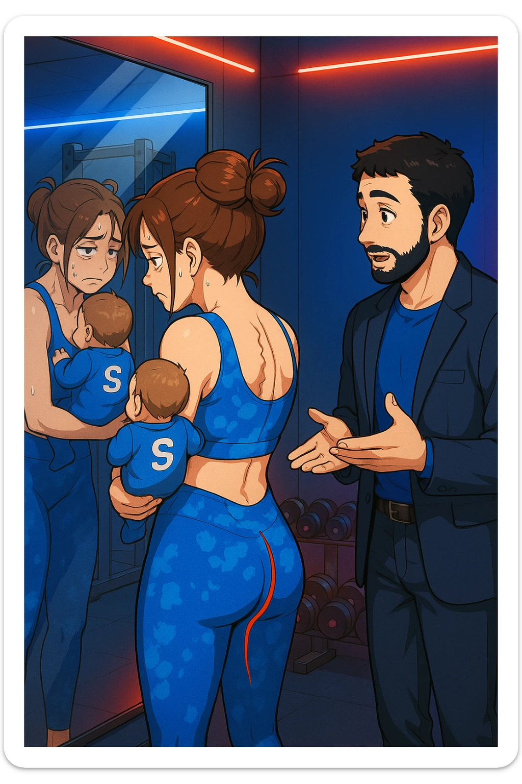 ispirati a questo stile di disegno e fai questa immagine in versione manga/webtoon a colori, il manga mostra la donna che si guarda alla specchio preoccupata di profilo con la postura sbagliata e incurvata, spalle chiuse e curve in avanti, con un neonato in braccio con una tutina azzurra e la scritta "S" sulla schiena, spina dorsale storta della donna in evidenza mentre al suo fianco anche l'uomo guarda la donna riflessa nello specchio e le spiega una cosa, ma non fare i fumetti, fai come se stessero parlando sticker