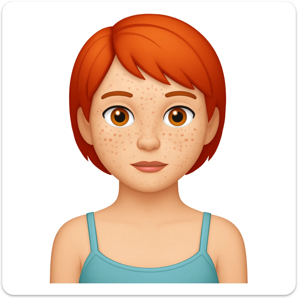 Add freckles to the girl's face, keep short red hair and flat chest, in a general emoji style illustration. sticker