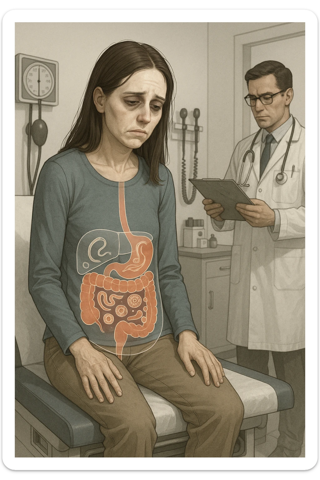 a woman in her 30s sits slumped on a doctor’s examination table, her face pale and eyes sunken with deep fatigue. A transparent overlay on her abdomen reveals stylized images of internal parasites, such as worms or protozoa, inside her digestive tract. The doctor stands nearby, reviewing medical charts. The mood is clinical and educational. sticker