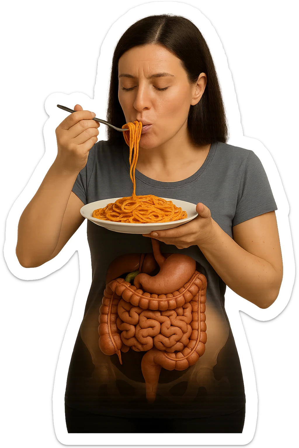 donna con intestino umano anatomico in evidenza che mangia un piatto di pasta, iperrealistico 4k sticker