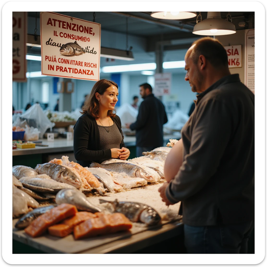 realistic pregnant woman in 4K talking with the fishmonger in front of the informational sign in a fish market with the text: “Attenzione, il consumo di salmone crudo può comportare rischi in gravidanza”. sticker
