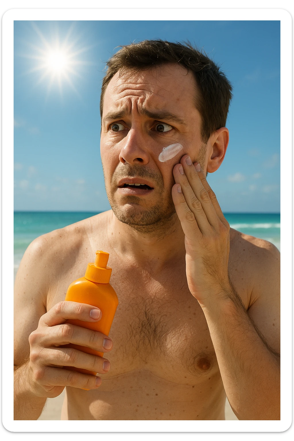 uomo a mare che si mette la crema solare perchè ha paura del sole sticker