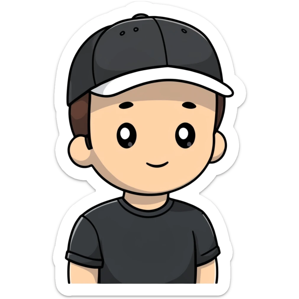 a white bro with brunette hair, wearing a black cap and a black shirt sticker