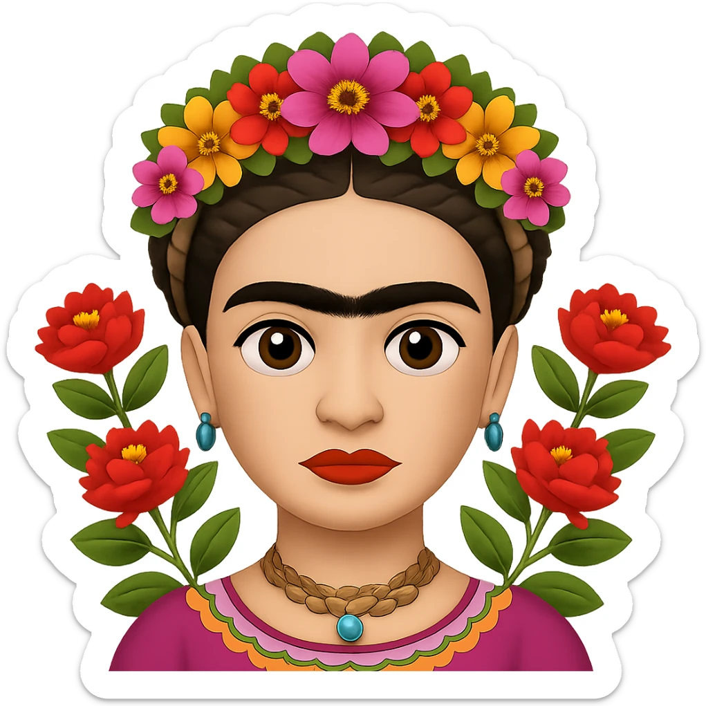 Add a more prominent unibrow to Frida Kahlo in the style of emoji. Keep the transparent background. sticker