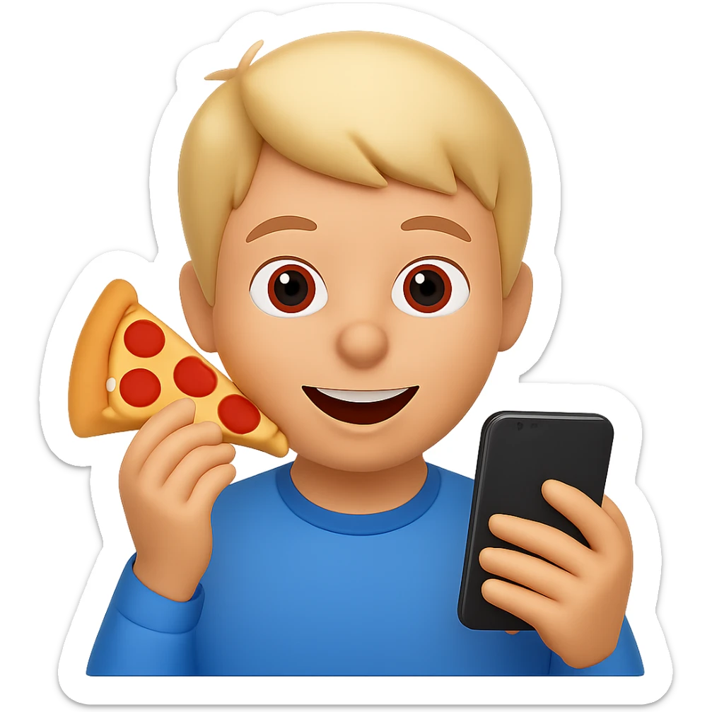 Change the food to pizza, keep the boy watching videos on his phone, emoji style, cheerful expression, with no background. The style should resemble apple style emojis. sticker