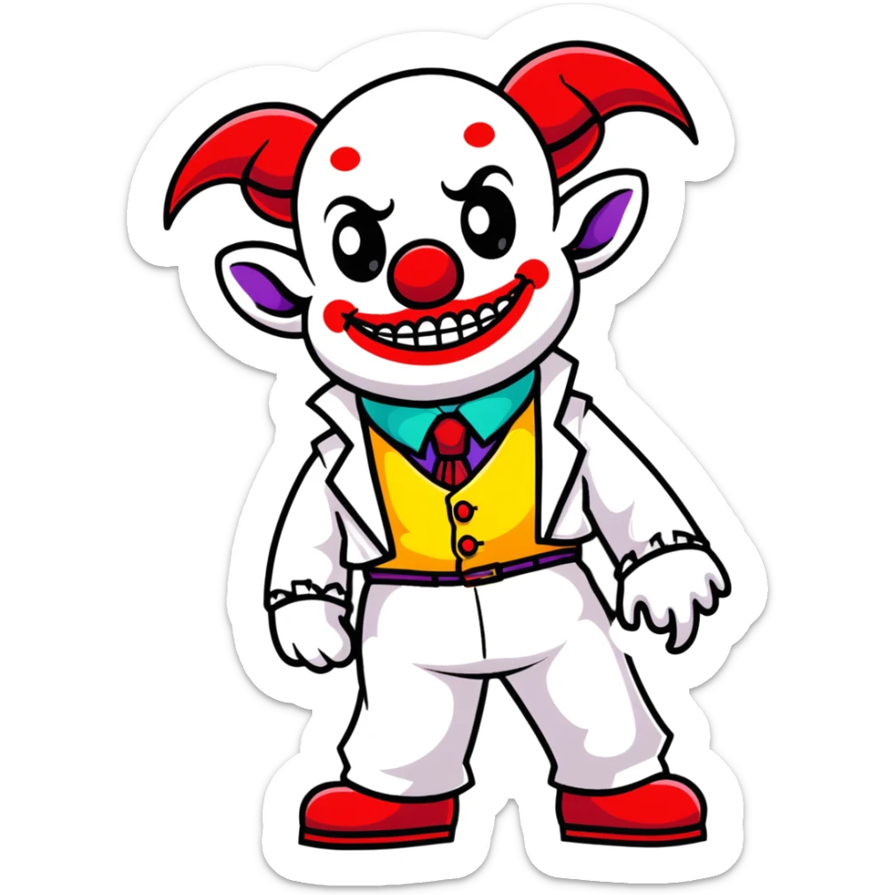 full-body demonic clown in a white leisure suit with bellbottom pants, bald, black ram horns, flashy belt, ruffled shirt, colorful tie, no elevator shoes sticker