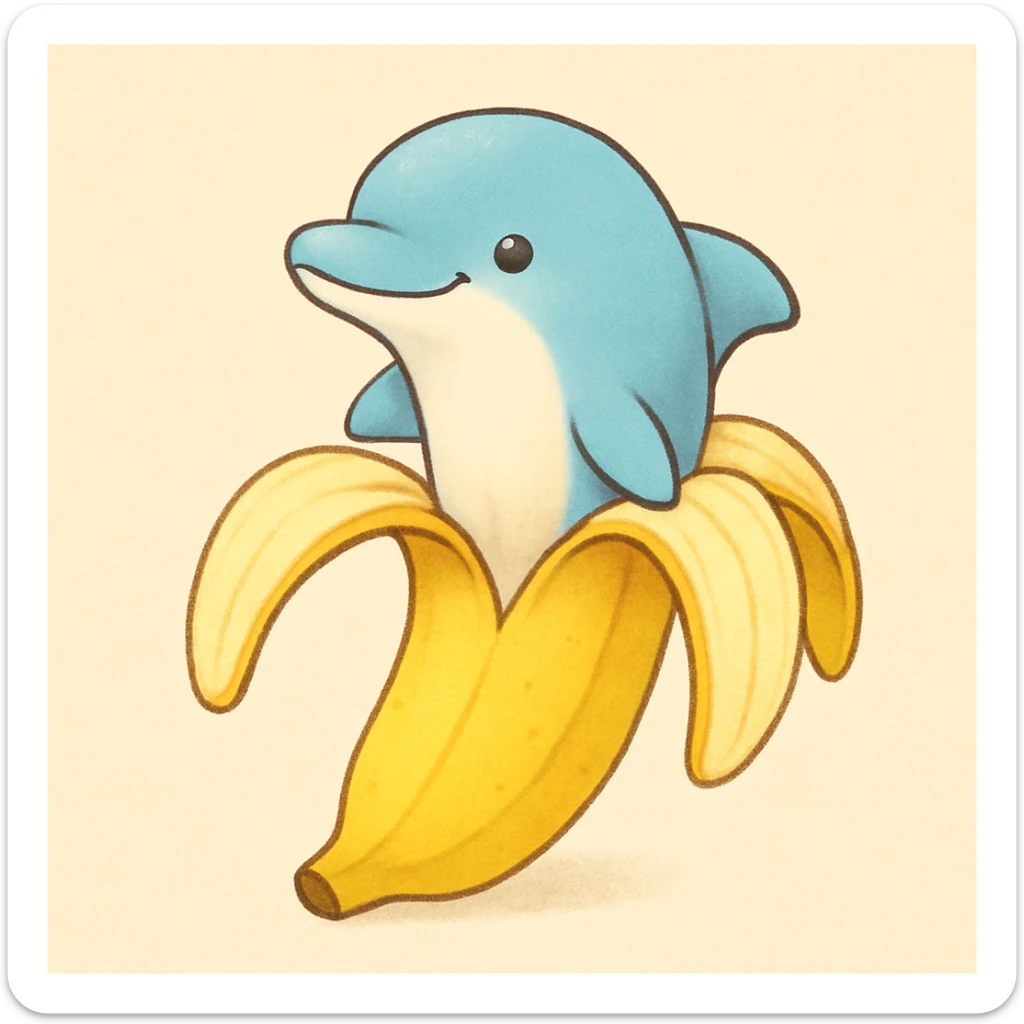 a lighthearted and cute dolphin with a banana peel body, the dolphin's upper half emerging from the top of the banana sticker
