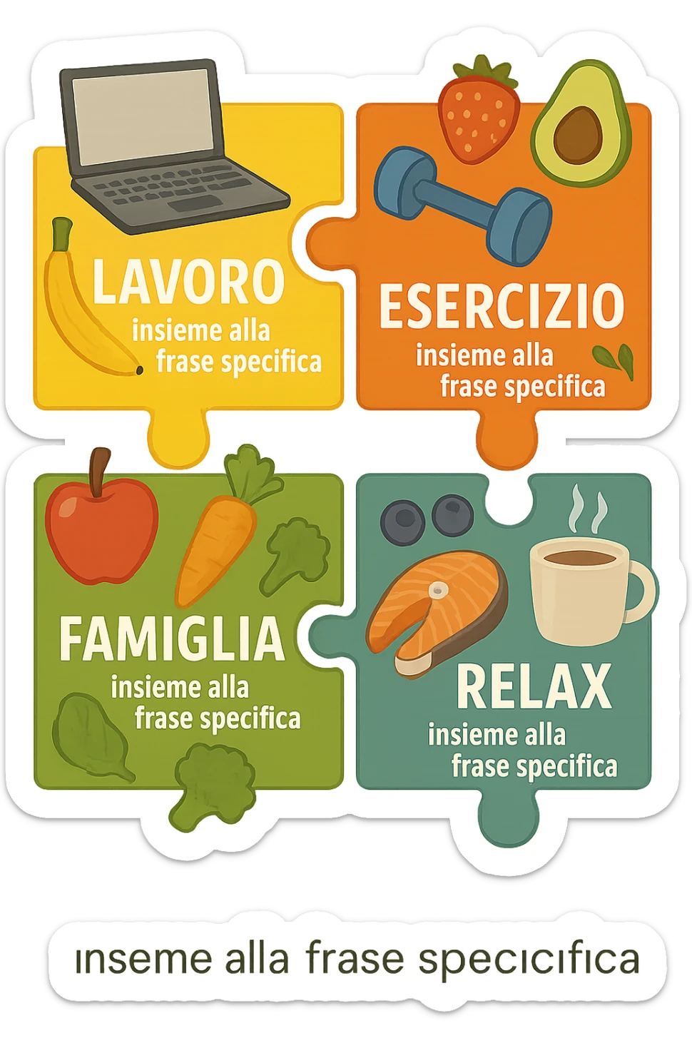 Puzzle (Lavoro, Esercizio, Famiglia, Relax), and healthy foods are integrated into each piece. in italiano sticker