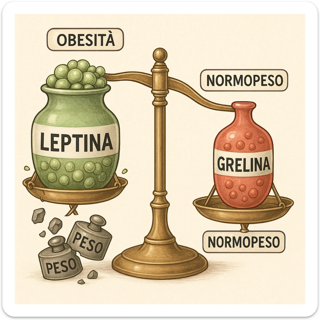 Diagramma endocrinologico in italiano: bilancia con leptina (verde) e grelina (rossa). Lato obeso: etichetta 'Obesità', leptina traboccante, bilancia bloccata, pesi rotti con la scritta 'Peso'. Lato normopeso: etichetta 'Normopeso', bilancia bilanciata, grelina normale. Tutte le scritte interne sono in italiano. Illustrazione medica, dettagliata, 4K. Style: endocrinologico, medical illustration, detailed. sticker