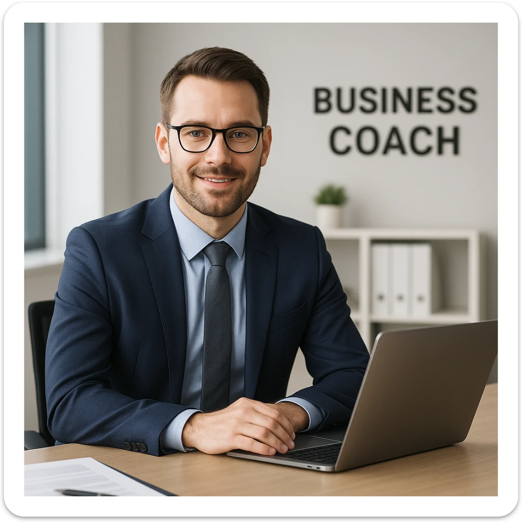 A 35-year-old male business coach sitting at a desk with a laptop, professional and modern style sticker