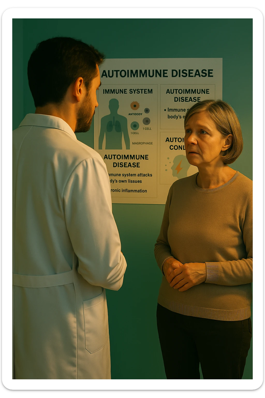Realistic, detailed photo taken from behind of one doctor e un paziente —a bearded man and a middle-aged woman—standing and facing each other as they discuss an autoimmune disease diagnosis in front of a medical chart that displays information about the immune system and autoimmune conditions. The scene is illuminated by a yellowish, orange, warm light that softly envelops the doctors. The entire room is bathed in a single green-blue color, creating a cohesive and modern atmosphere. Both doctors wear white coats, and their body language suggests a serious, professional conversation about the complexities of autoimmune diseases. Shot with a Canon EOS R5, with high detail and natural depth of field. scritto in italiano sticker