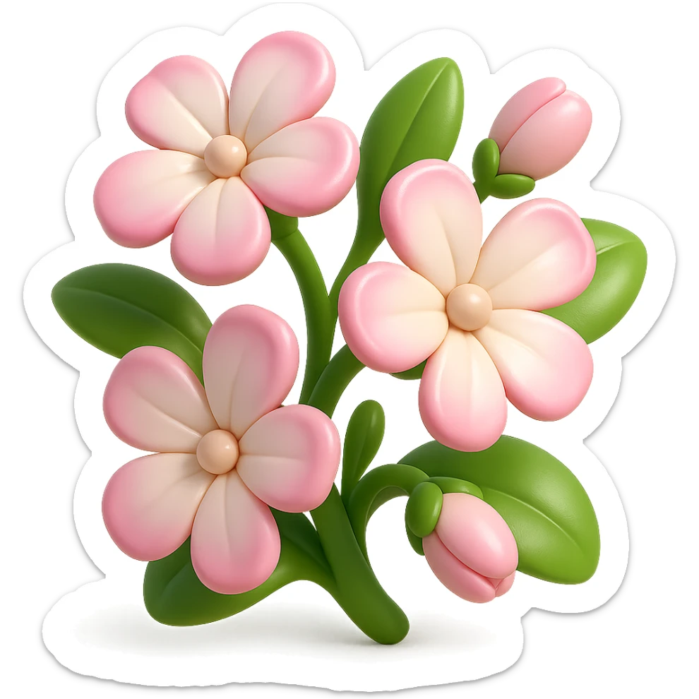 3D iOS-style cartoon soapwort (Saponaria) flowers, extra volumetric and rounded, petals with pink edges and white centers, big green leaves, playful proportions, soft lighting, glossy effect, no background, no face or smile, in GPT Image style sticker