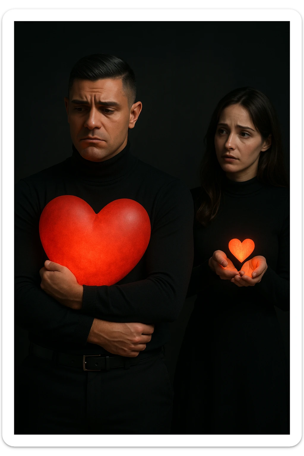 an Italian man in his 30s with olive skin and dark hair stands apart from a woman who offre un piccolo cuore luminoso tra le mani. Lui guarda il cuore con un’espressione triste e insoddisfatta, tenendo tra le braccia un cuore molto più grande e brillante, mentre la distanza tra loro è accentuata da luci soffuse e ombre. sticker