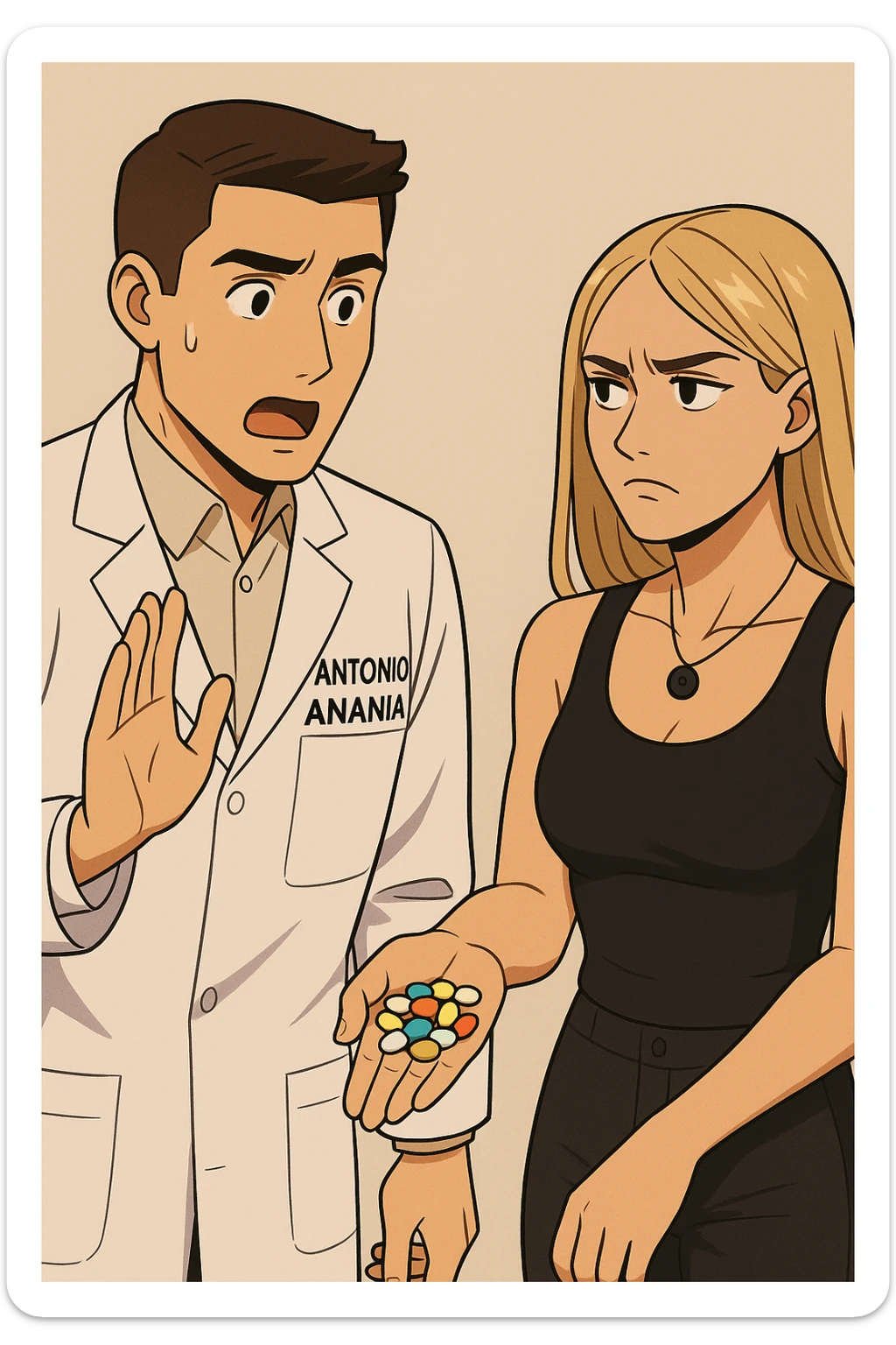 fai un webtoon/manga a colori con questo kinesiologo in camice bianco (fagli la scritta "ANTONIO ANANIA" SUL CAMICE) CHE PARLA CON QUESTA RAGAZZA. LA RAGAZZA HA UN PUGNO DI INTEGRATORI IN MANO (TANTE PILLOLE DIVERSE) E LE GUARDA DUBBIOSA. IL KINESIOLOGO CON IL CAMICE BIANCO LE DOMANDA UNA COSA SCIOCCATO. NON FARE I FUMETTI, FAI SOLO LORO COME SE DIALOGASSERO sticker