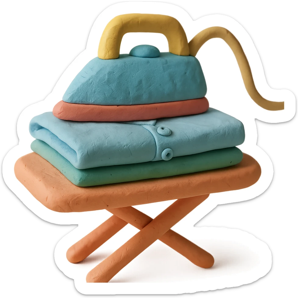 iron on ironing board with a neatly folded shirt, playful arrangement, pastel palette, claymation style sticker
