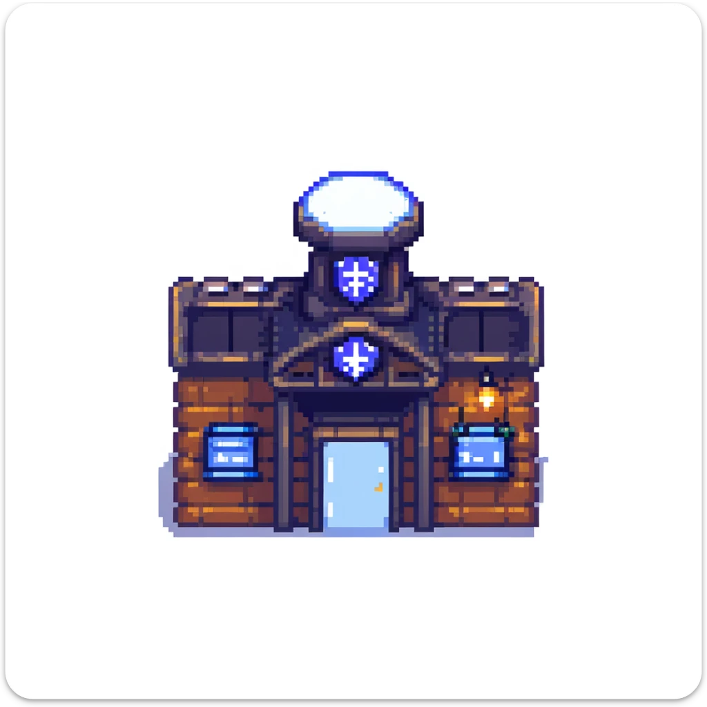 pixel art city police station with flashing lights and police sign sticker