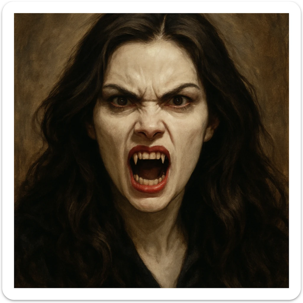 vampire woman with white skin, brunette, long hair, angry face, fangs out, detailed expressive style sticker