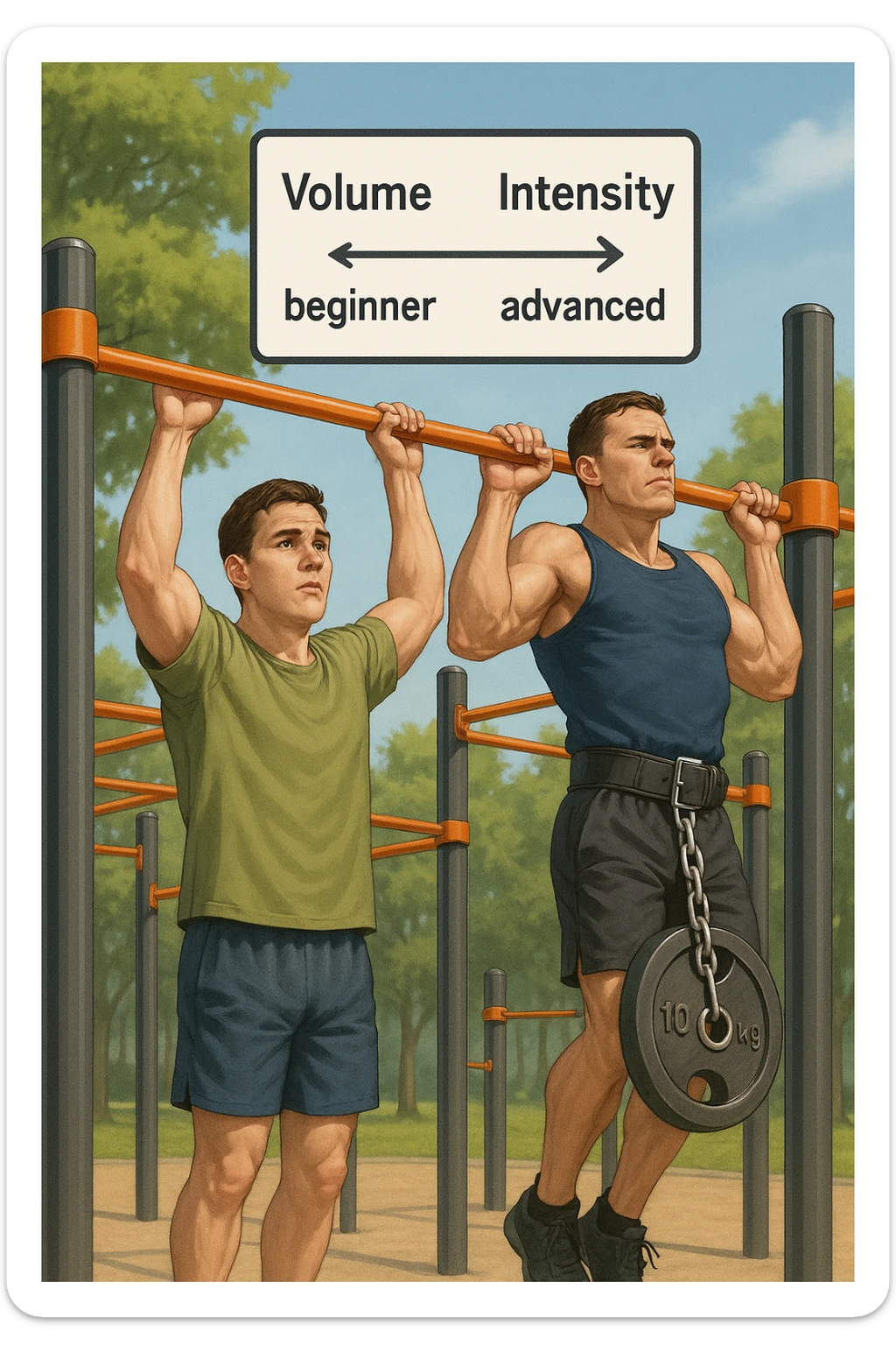 Due atleti fianco a fianco in un parco attrezzato: a sinistra il neofita che fa 10 trazioni leggere con concentrazione, a destra l’atleta avanzato con cintura zavorrata che fa 3 ripetizioni lente e pesanti. Tra loro, grafico sospeso in aria che mostra: 'Volume → neofita | Intensità → avanzato'. Stile realistico con elementi educativi visivi sticker