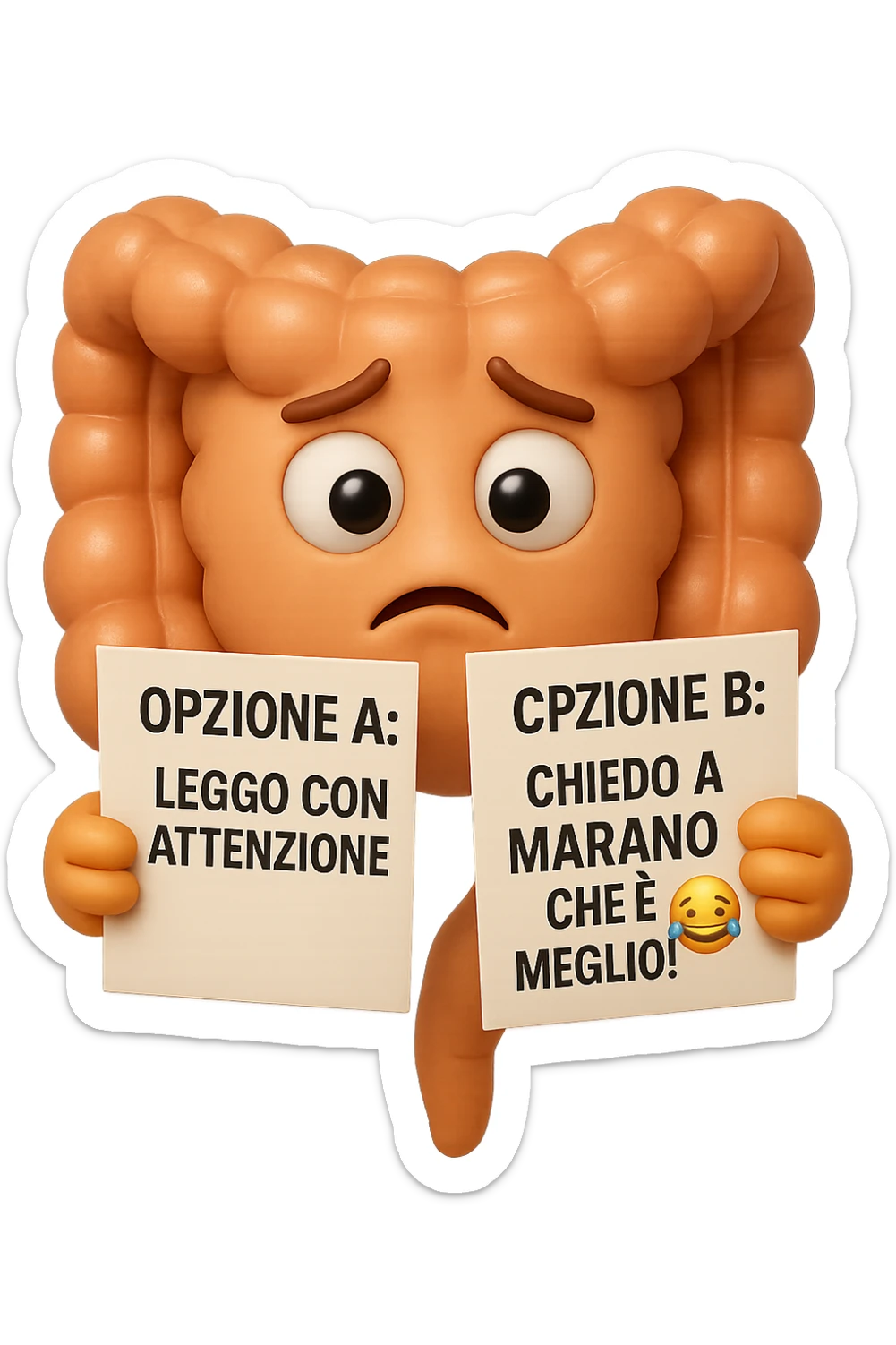 SU QUESTO STILE FAI UN EMOJI STILE IPHONE 3D DI UN INTESTINO CHE HA nella mano destra "OPZIONE A: LEGGO CON ATTENZIONE" E NELLA MANO SINISTRA" OPZIONE B: CHIEDO A MARANO CHE è MEGLIO! (METTICI UNO SMILE CON RISATE QUI)", FAGLI UN ESPRESSIONE CONFUSA MENTRE GUARDA L'OPZIONE A E FALLO MOLTO REALISTICO IN 3D sticker