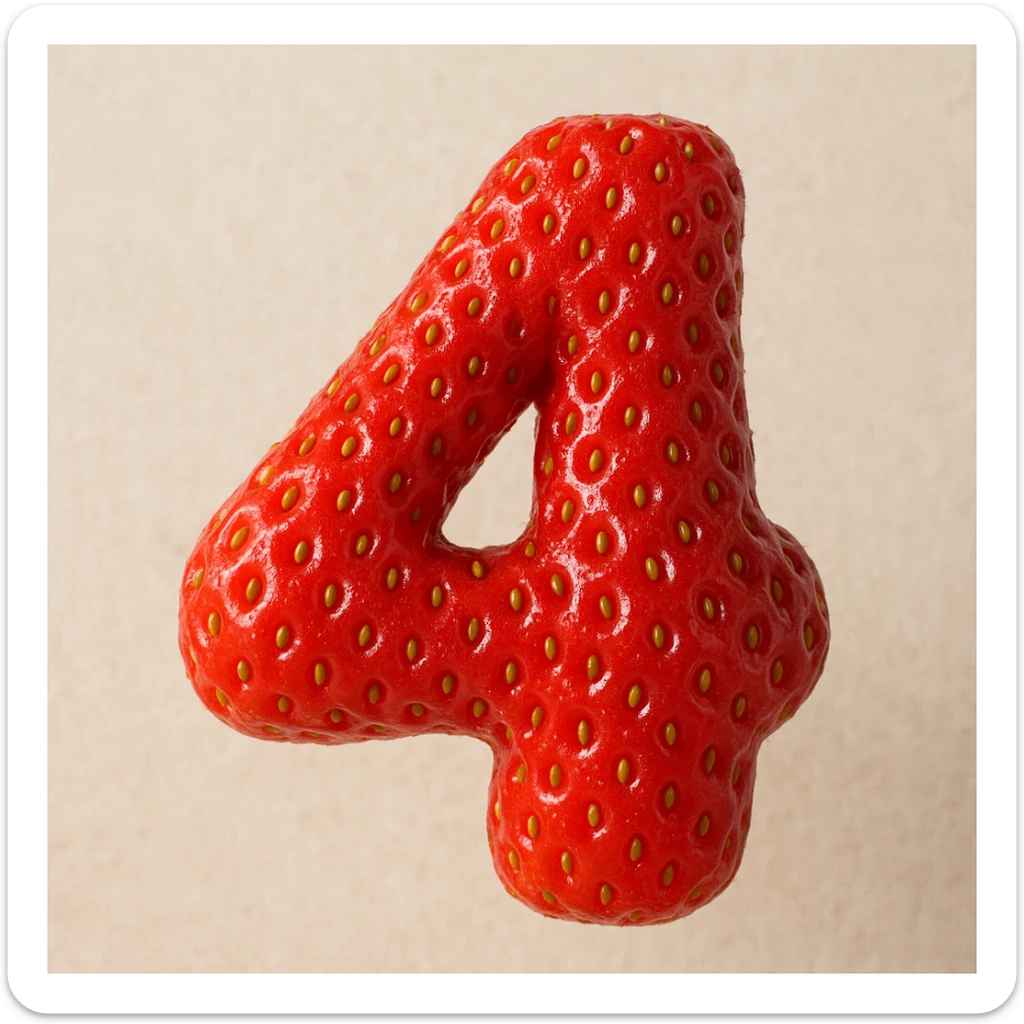 realistic textured number 4 made out of strawberry, with seeds and vibrant red color sticker