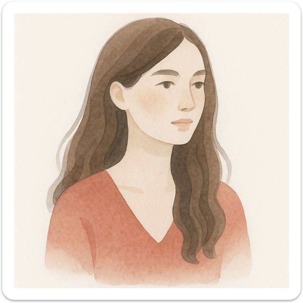 a woman with long chocolate brown hair wearing a red v-neck top, soft watercolor art style sticker