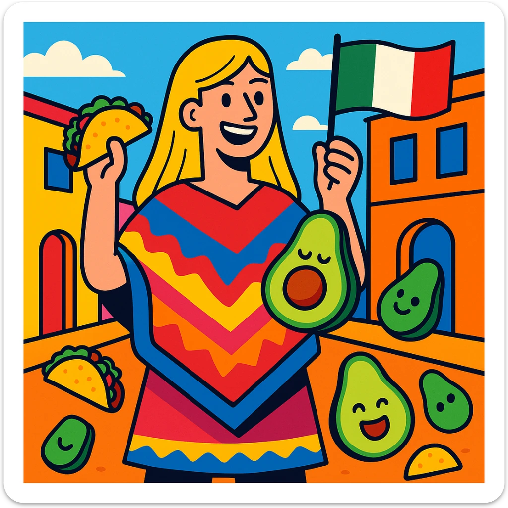 cartoon of a tall blonde woman smiling wearing a colorful poncho holding a taco and an avocado waving a Mexico flag surrounded by tacos and avocados on a lively street background with bright and bold colors sticker