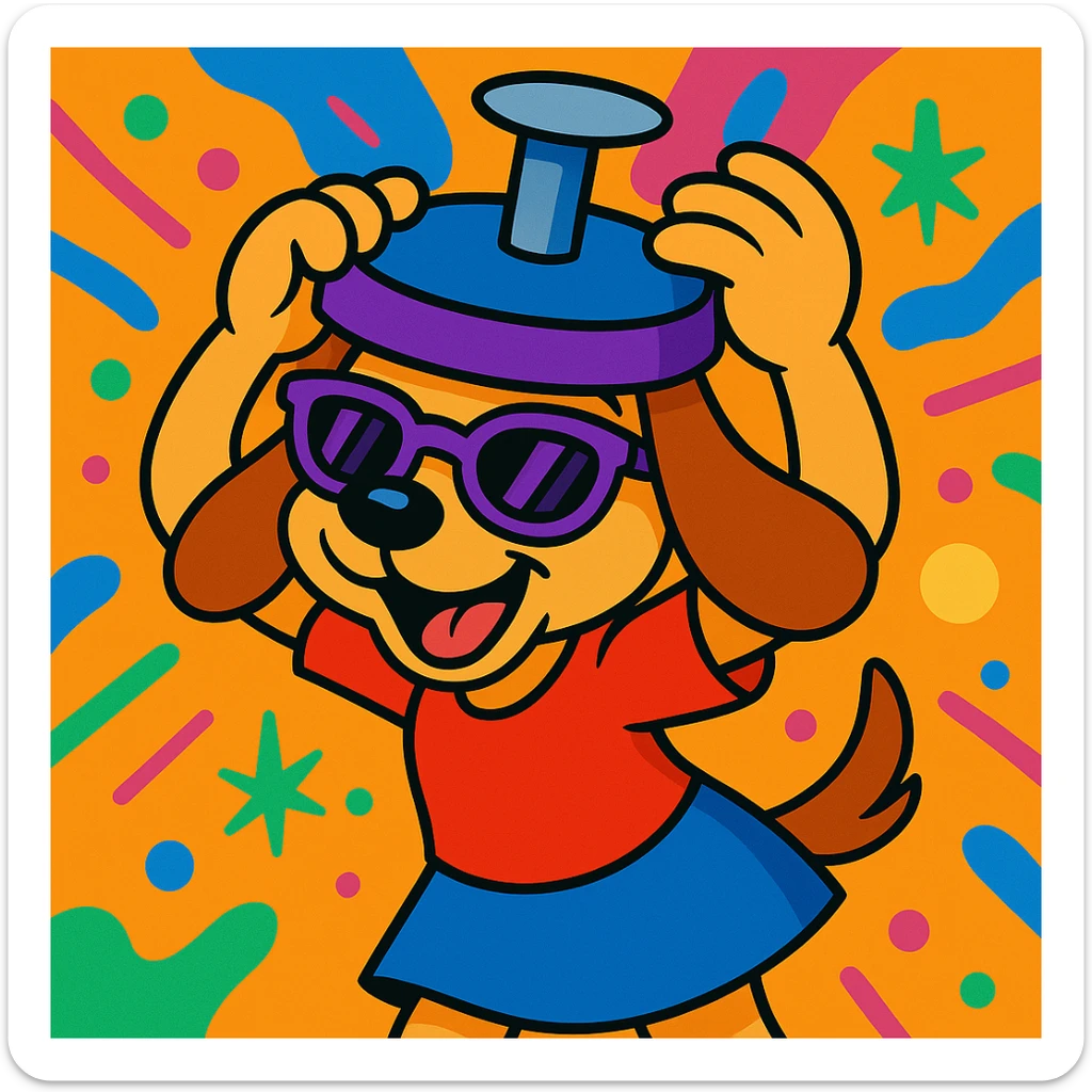 Add a vibrant, colorful background behind the playful puppy girl character holding a nail-themed hat above her head, wearing sunglasses that are half purple. Keep the fun, expressive cartoon style. sticker