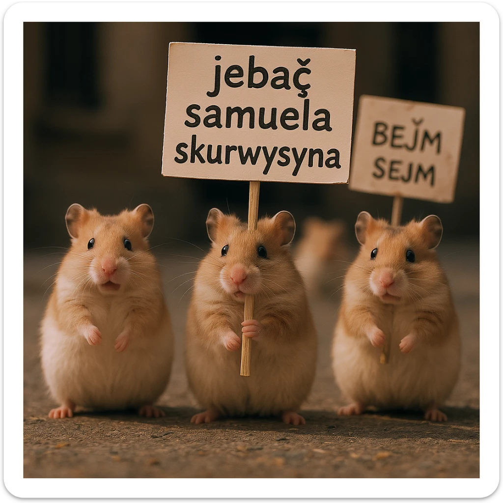 Cinematic shot of a group of hamsters takes over polish sejm. some of them has signs with "jebać samuela skurwysyna". sticker
