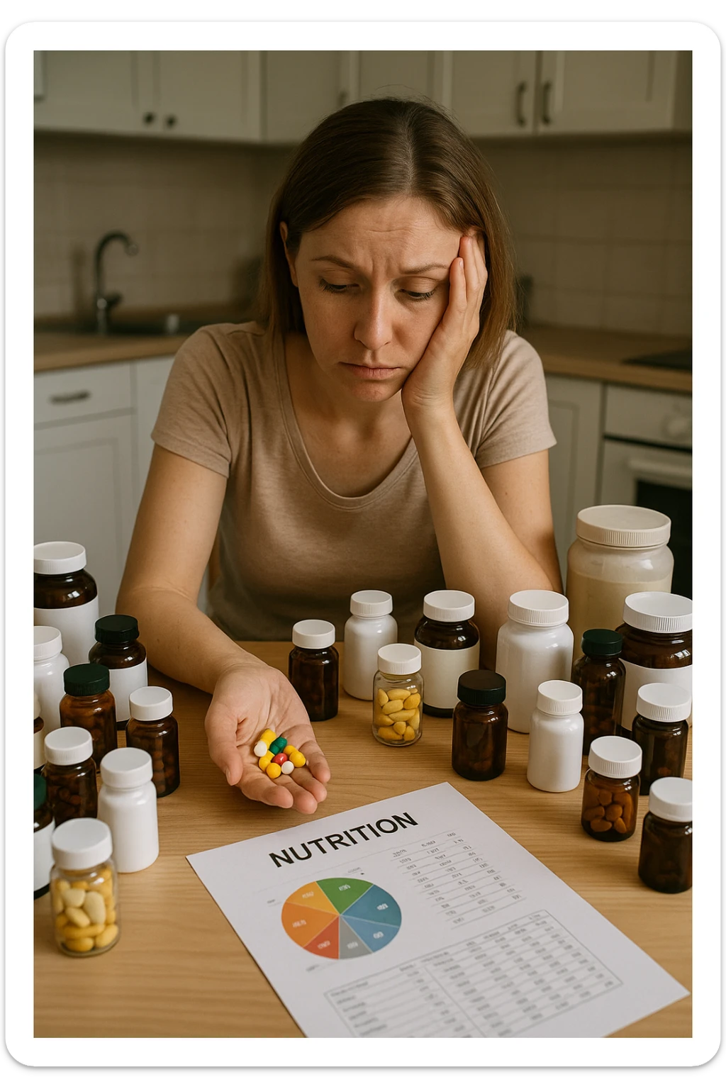 a woman in her 30s sits at her kitchen table, surrounded by dozens of supplement bottles, powders, and pills. She looks anxious and fatigued, with her head resting in one hand while the other holds a handful of colorful capsules. On the table, a nutrition chart is ignored, and her skin appears slightly dull or stressed. The mood is cautionary and educational. sticker
