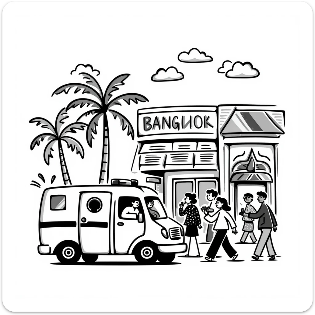 Busy Bangkok hospital exterior with ambulance and Thai architectural details sticker