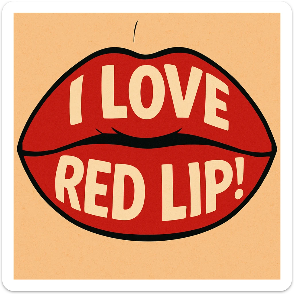 close-up of closed lips with vibrant matte red lipstick, bold and graphic, with the phrase 'I love red lip!' incorporated sticker