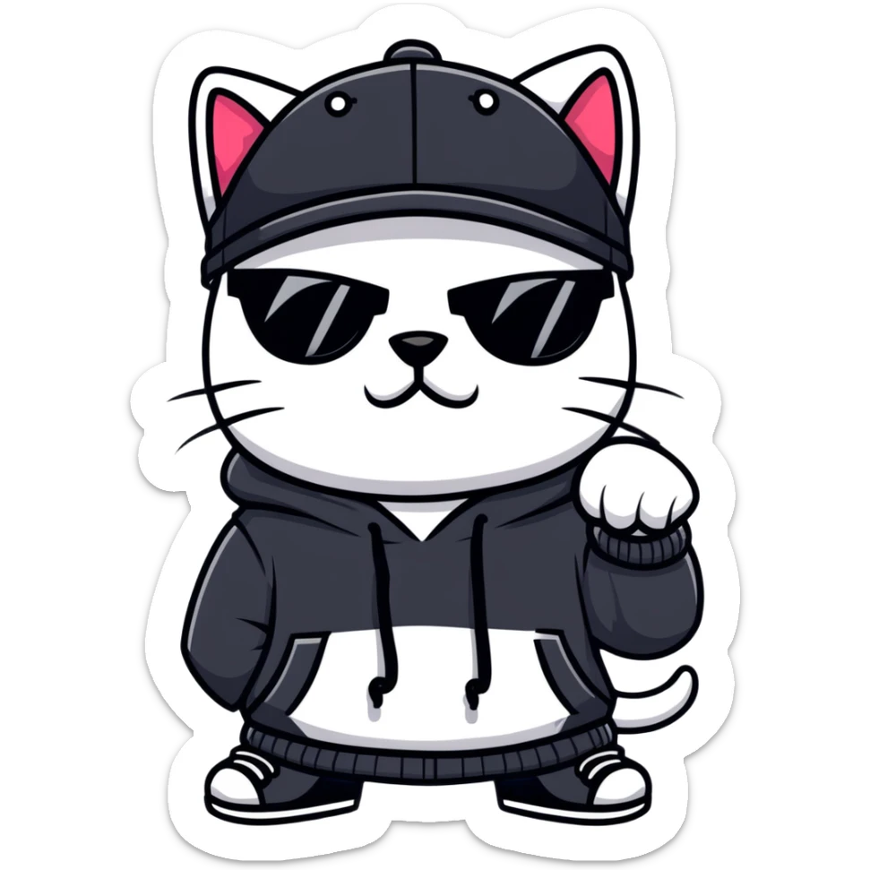 cat wearing a black snapback cap and black hoodie, with black sunglasses positioned low on his nose, winking one eye while looking directly at the viewer over the top of his sunglasses with a mischievous expression, doing graffiti with spray paint sticker