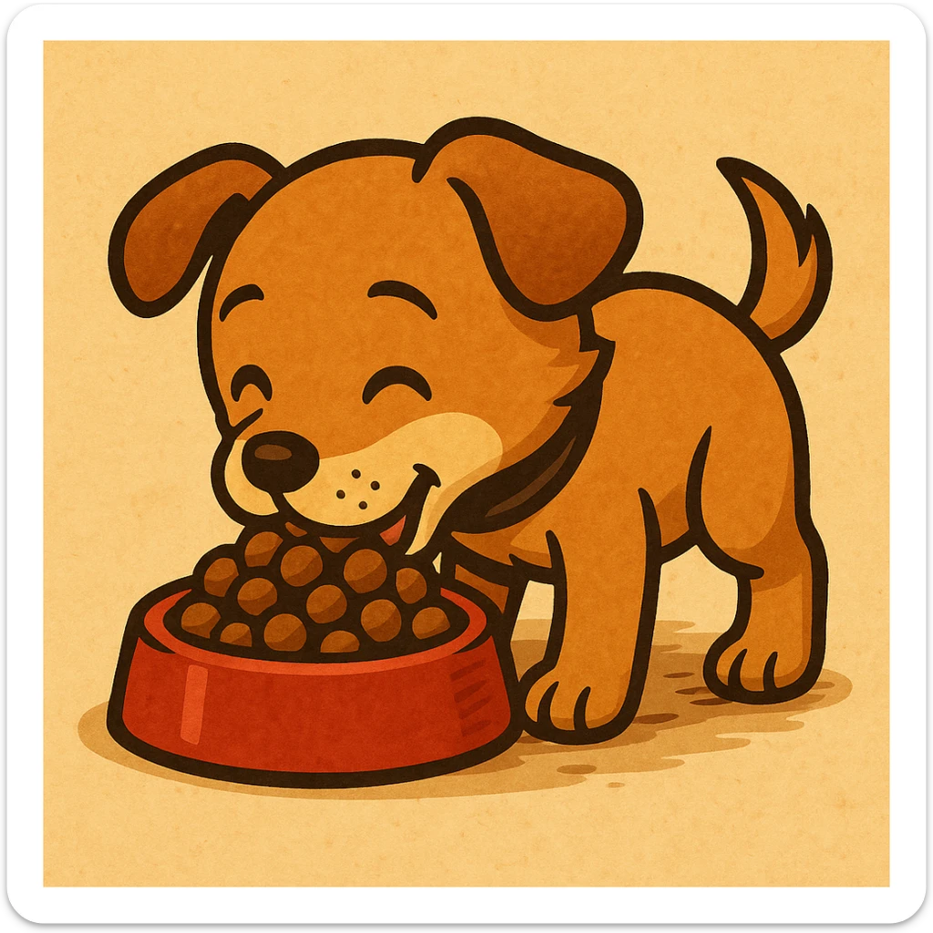 Make the dog a cute puppy eating dog food, keep the same style as the original image. sticker